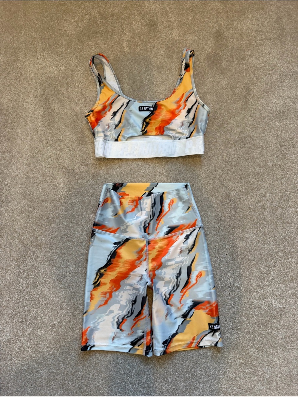 P.E Nation Orange, Gray & Black Marble-Print Sports Bra and Bike Shorts Set